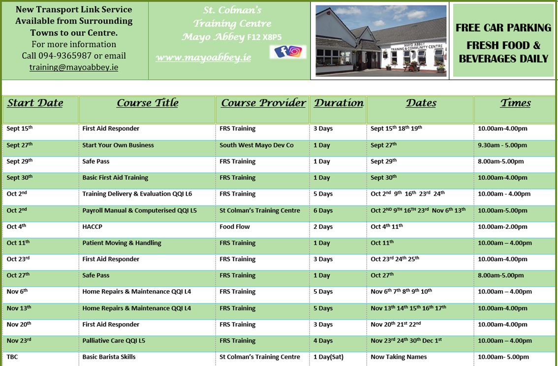 **Course Schedule September 2023**